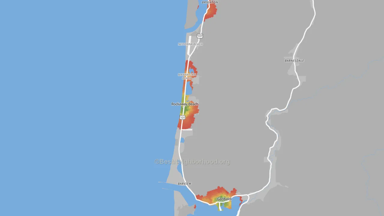 Walk Grade map of Rockaway Beach, OR, walkable areas in green and car-dependent areas in red