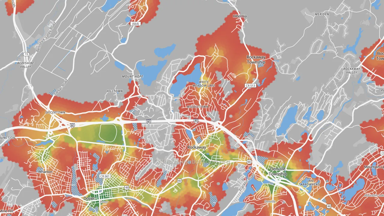 Walk Grade map of Rockaway, NJ, walkable areas in green and car-dependent areas in red