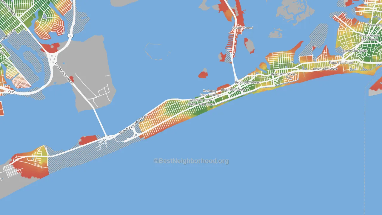 Walk Grade map of Rockaway Park, Queens, NY, walkable areas in green and car-dependent areas in red