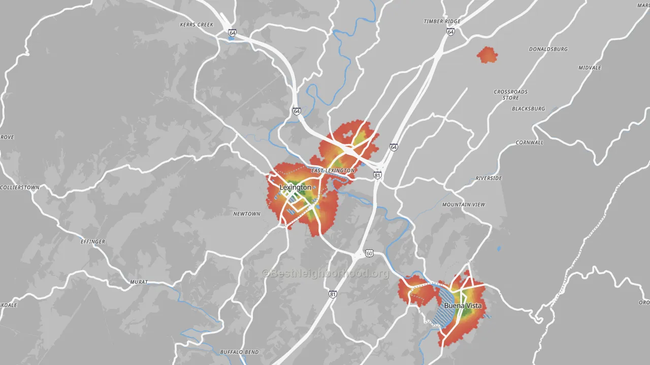 Walk Grade map of Rockbridge County, VA, walkable areas in green and car-dependent areas in red
