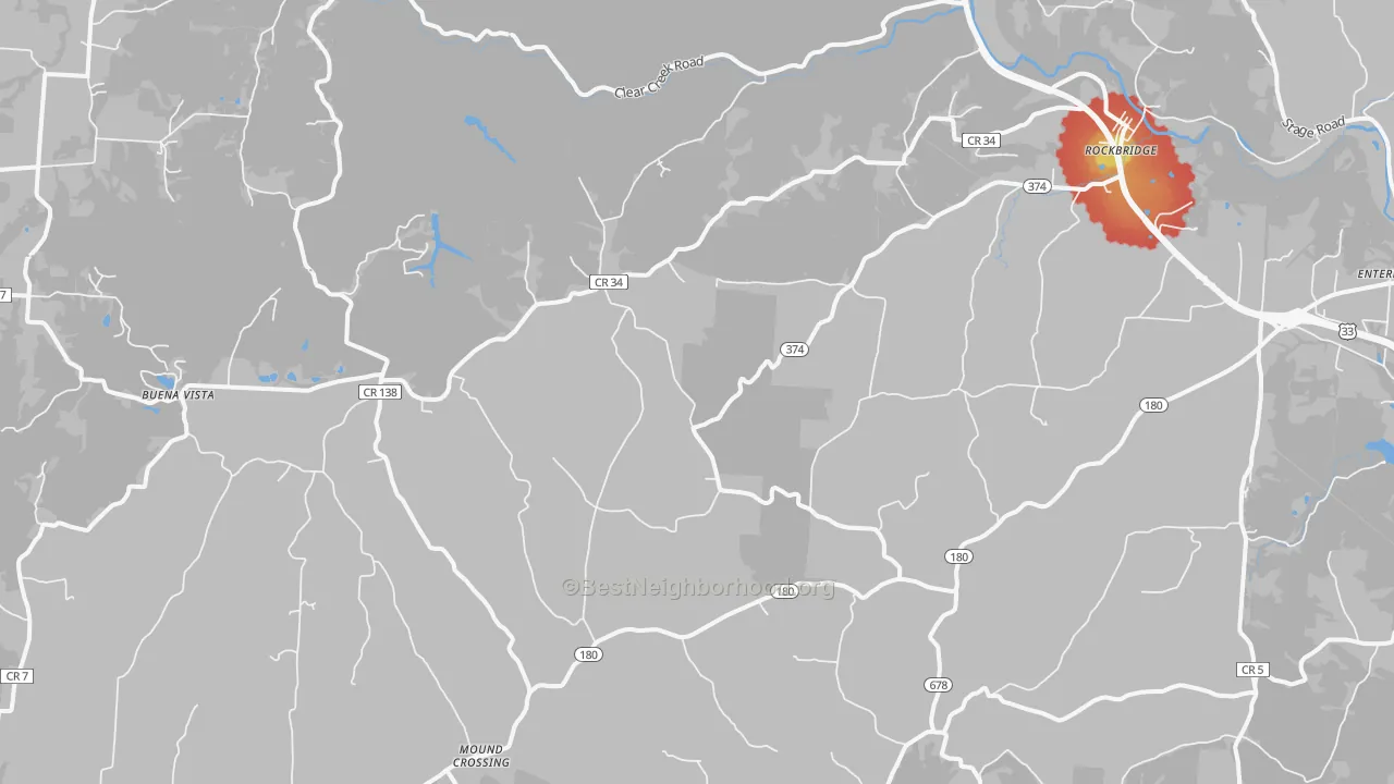 Walk Grade map of Rockbridge, OH, walkable areas in green and car-dependent areas in red