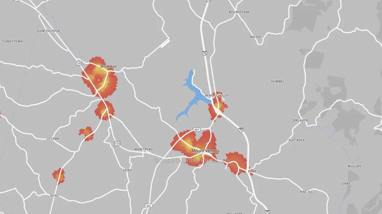 Walk Grade map of Rockcastle County, KY, walkable areas in green and car-dependent areas in red