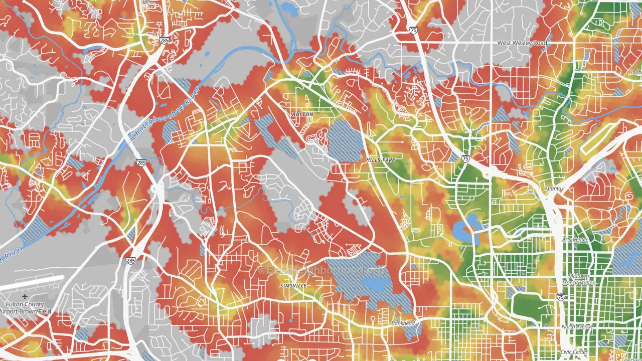Walk Grade map of Rockdale, Atlanta, GA, walkable areas in green and car-dependent areas in red