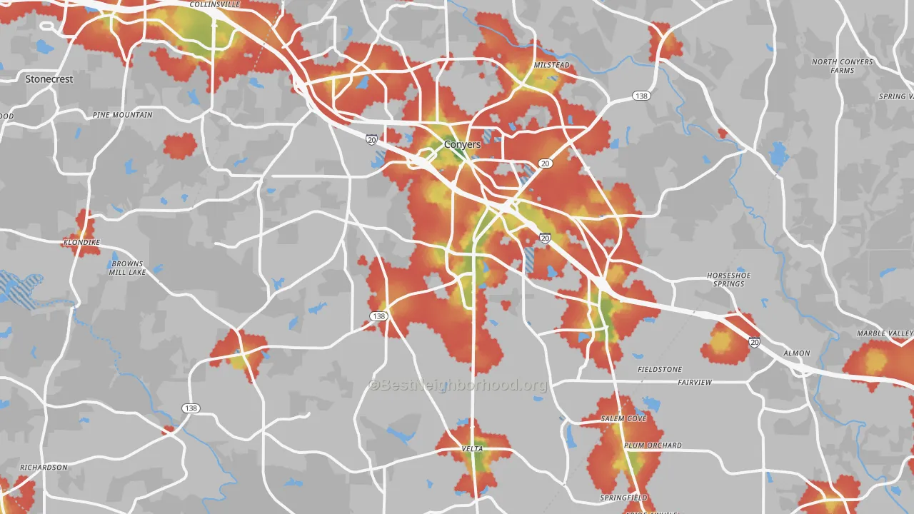 Walk Grade map of Rockdale County, GA, walkable areas in green and car-dependent areas in red
