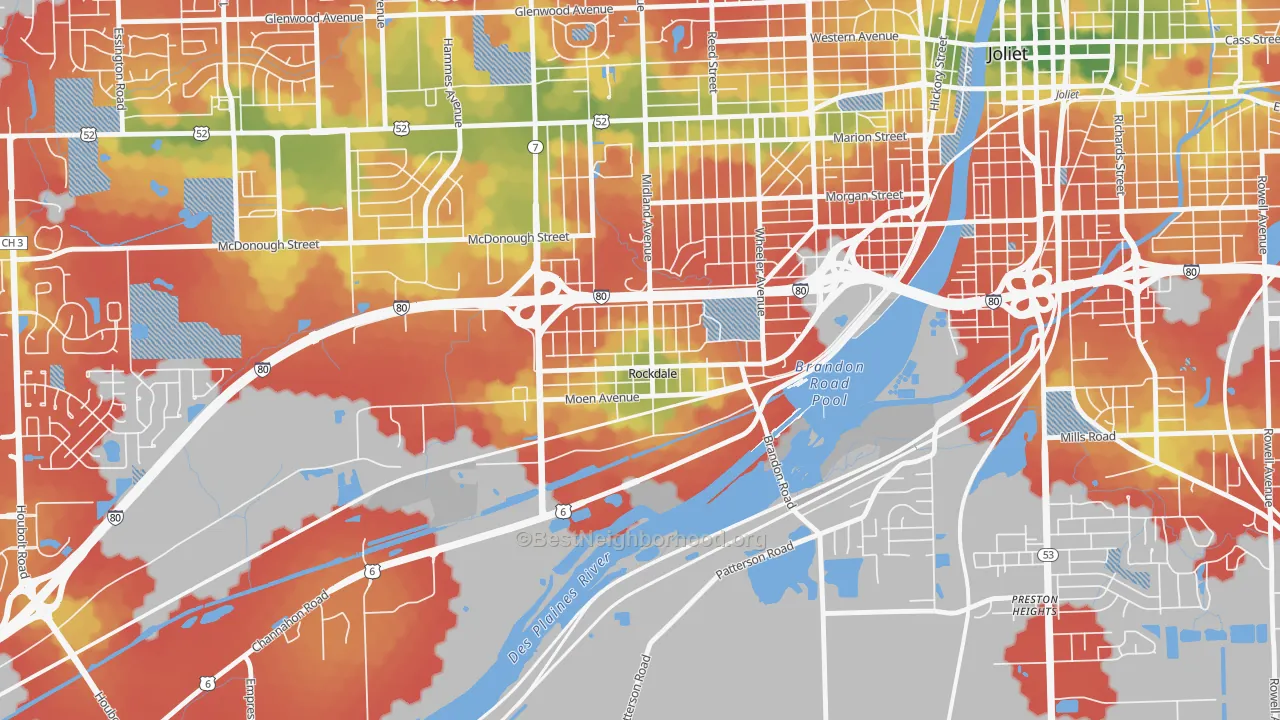 Walk Grade map of Rockdale, IL, walkable areas in green and car-dependent areas in red