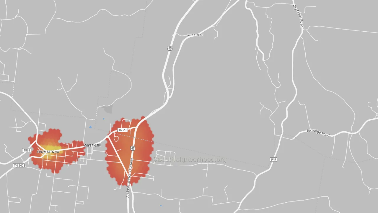 Walk Grade map of Rockdale, TN, walkable areas in green and car-dependent areas in red