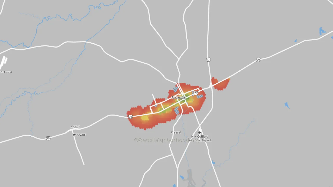Walk Grade map of Rockdale, TX, walkable areas in green and car-dependent areas in red
