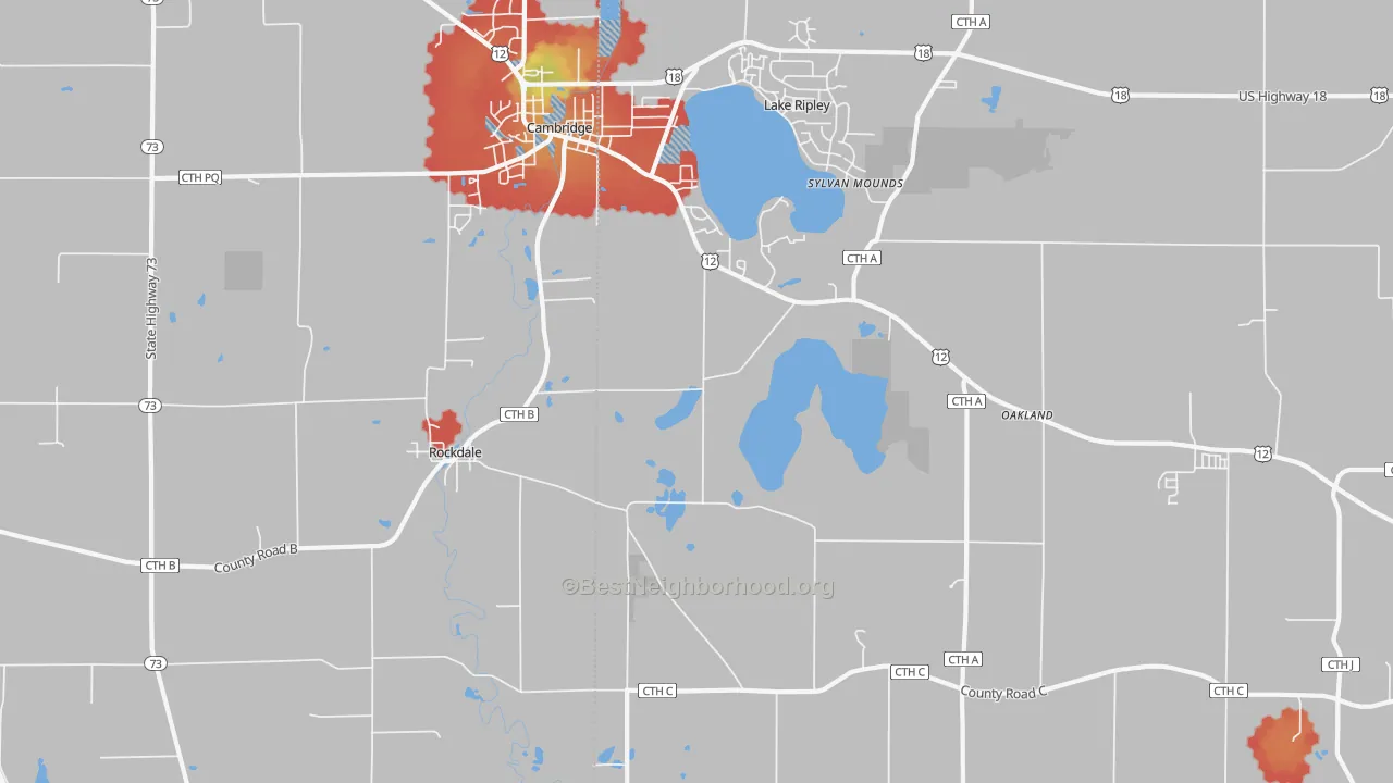 Walk Grade map of Rockdale, WI, walkable areas in green and car-dependent areas in red