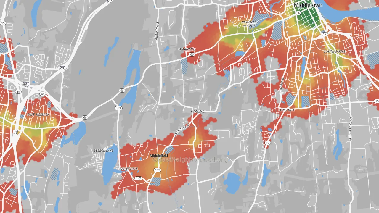 Walk Grade map of Rockfall, CT, walkable areas in green and car-dependent areas in red