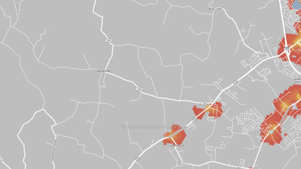 Walk Grade map of Rockfield, KY, walkable areas in green and car-dependent areas in red
