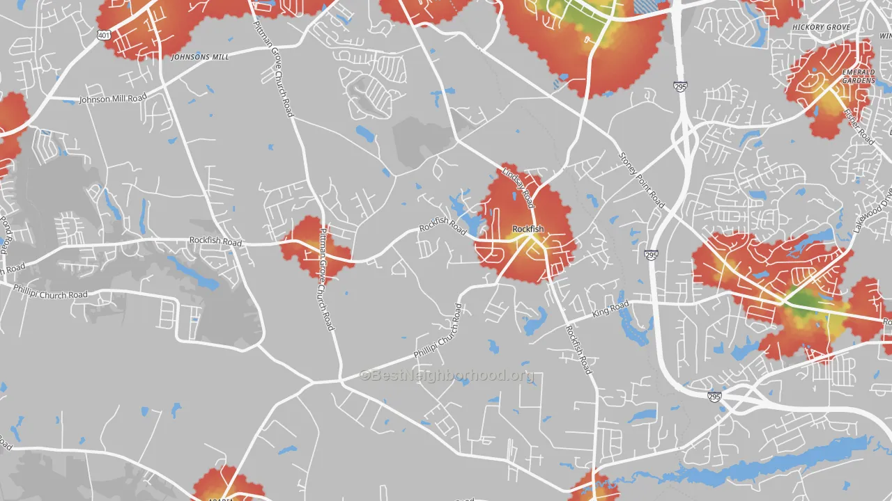 Walk Grade map of Rockfish, Raeford, NC, walkable areas in green and car-dependent areas in red