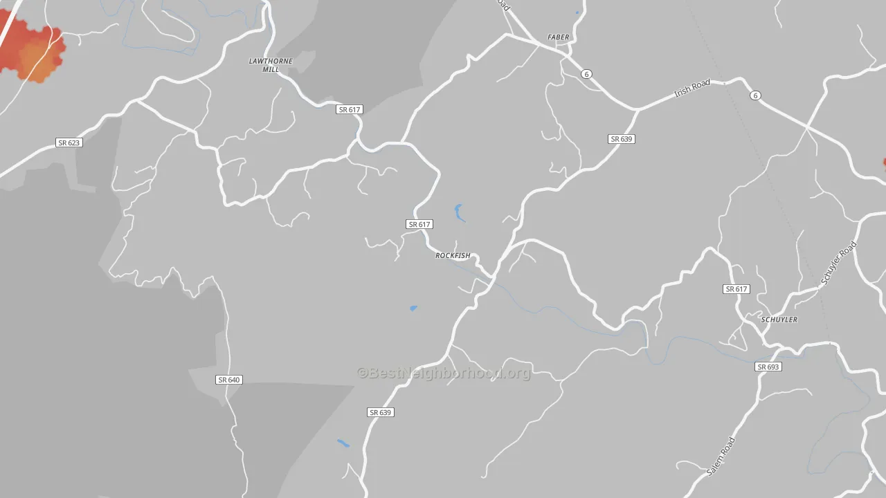 Walk Grade map of Rockfish, VA, walkable areas in green and car-dependent areas in red