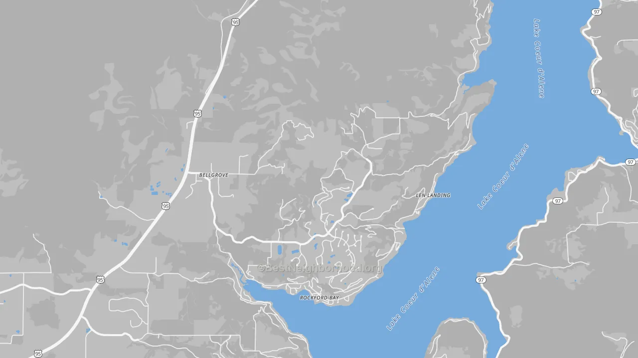 Walk Grade map of Rockford Bay, ID, walkable areas in green and car-dependent areas in red