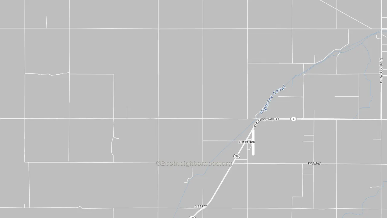 Walk Grade map of Rockford, ID, walkable areas in green and car-dependent areas in red