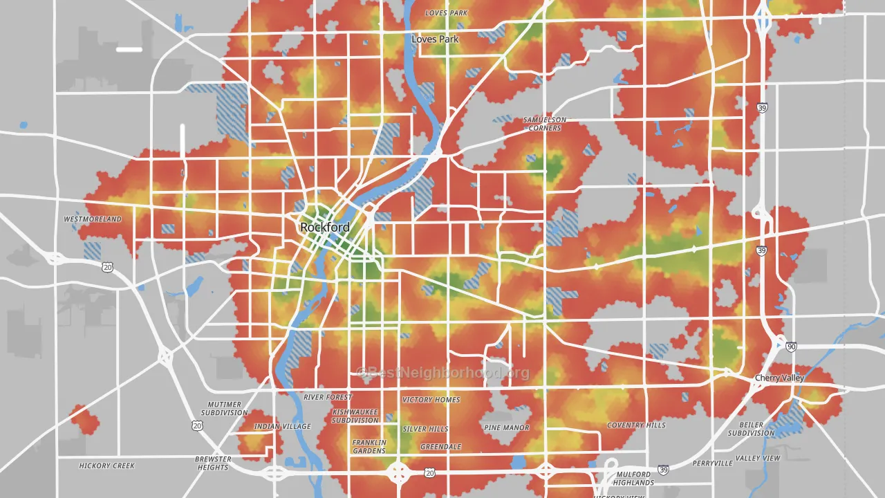 Walk Grade map of Rockford, IL, walkable areas in green and car-dependent areas in red