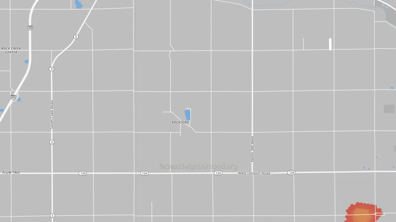 Walk Grade map of Rockford, IN, walkable areas in green and car-dependent areas in red