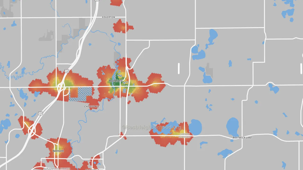 Walk Grade map of Rockford, MI, walkable areas in green and car-dependent areas in red