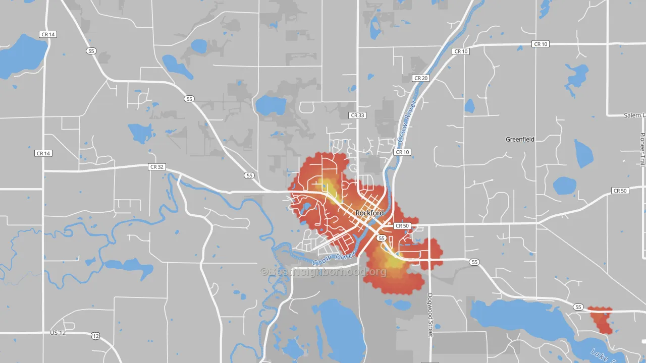 Walk Grade map of Rockford, MN, walkable areas in green and car-dependent areas in red