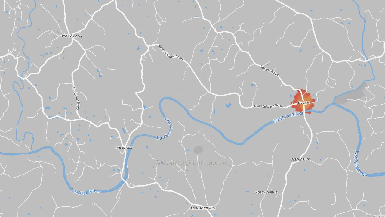 Walk Grade map of Rockford, NC, walkable areas in green and car-dependent areas in red