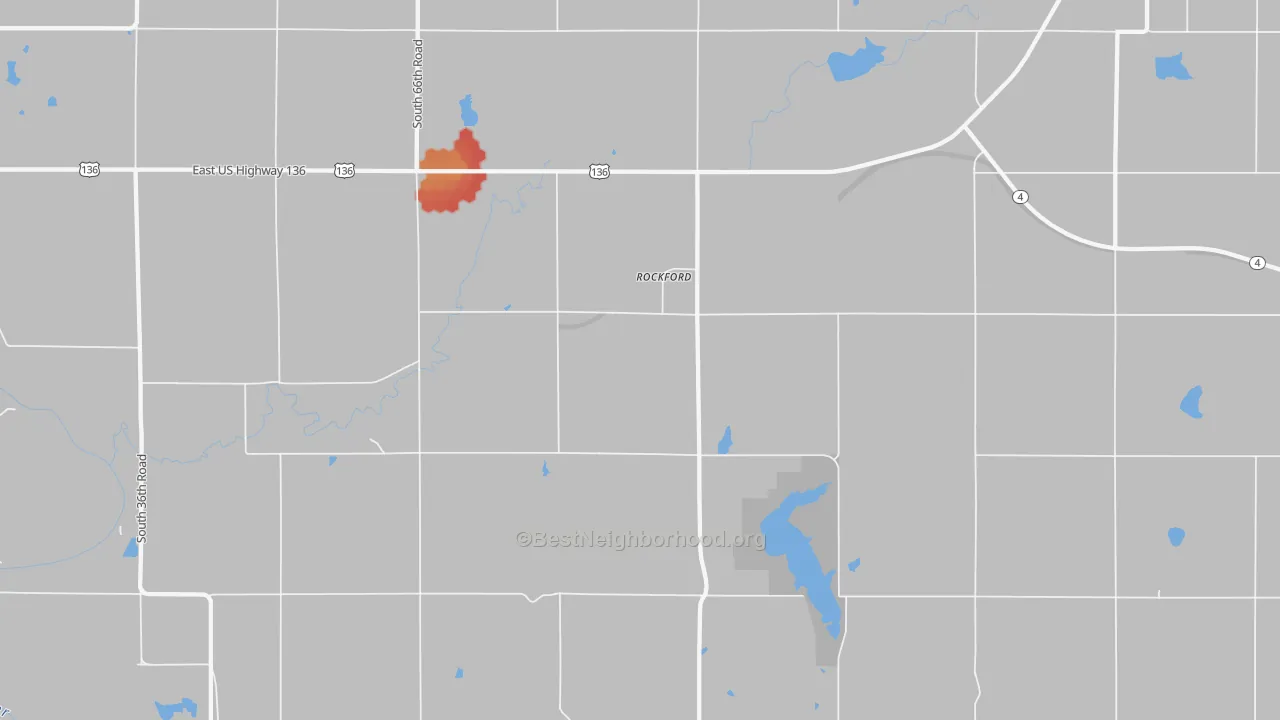 Walk Grade map of Rockford, NE, walkable areas in green and car-dependent areas in red