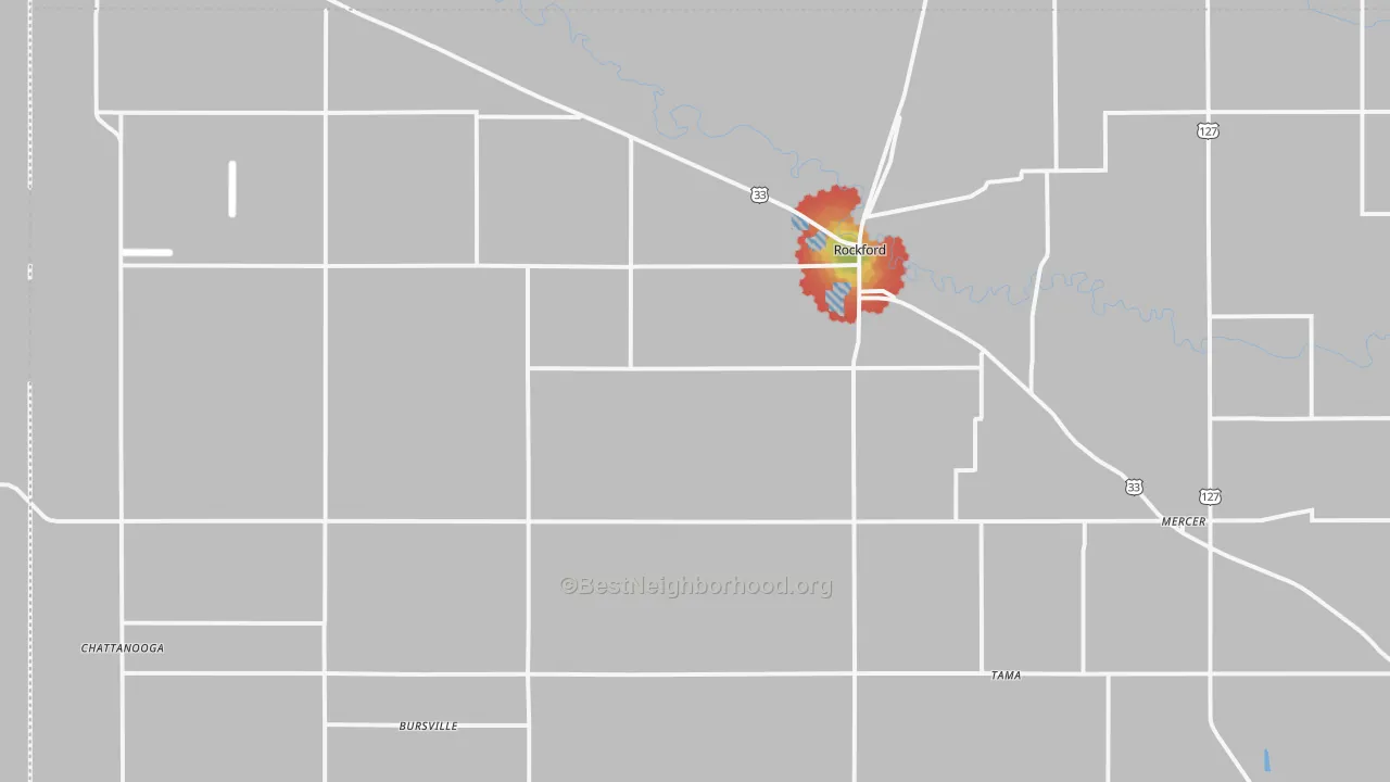 Walk Grade map of Rockford, OH, walkable areas in green and car-dependent areas in red