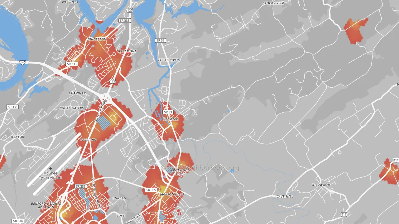 Walk Grade map of Rockford, TN, walkable areas in green and car-dependent areas in red