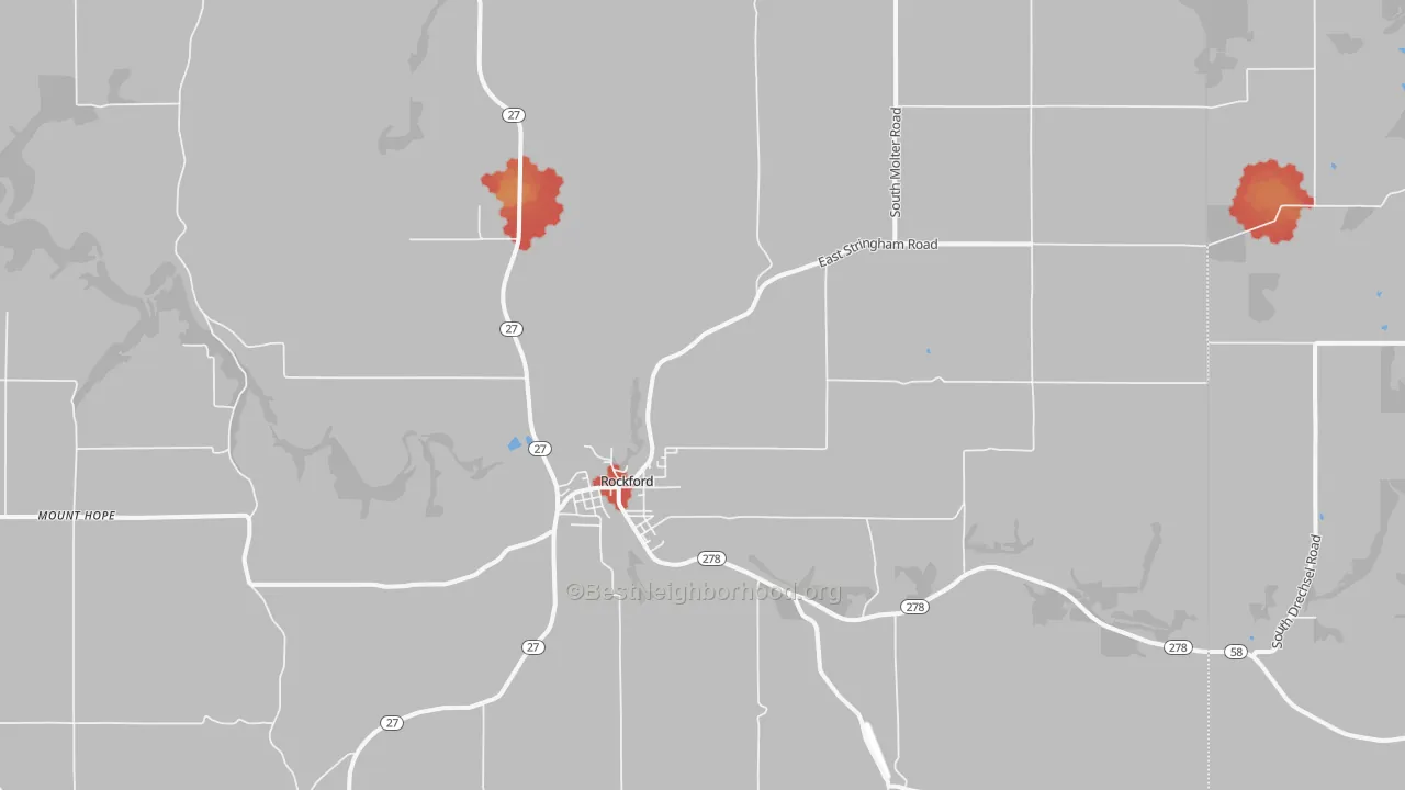 Walk Grade map of Rockford, WA, walkable areas in green and car-dependent areas in red