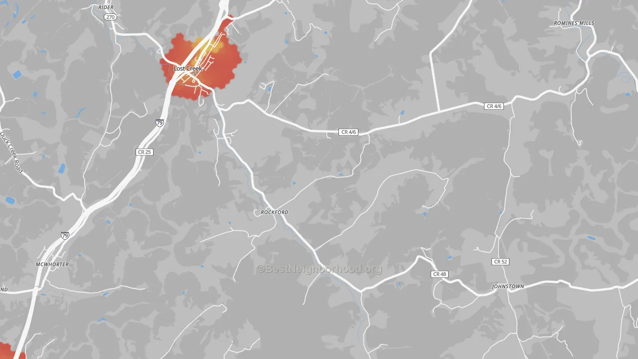 Walk Grade map of Rockford, WV, walkable areas in green and car-dependent areas in red