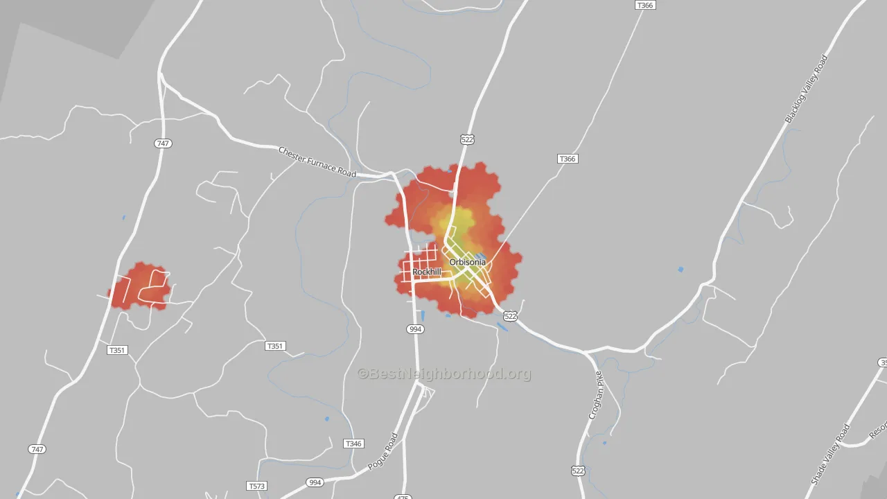 Walk Grade map of Rockhill Furnace, PA, walkable areas in green and car-dependent areas in red