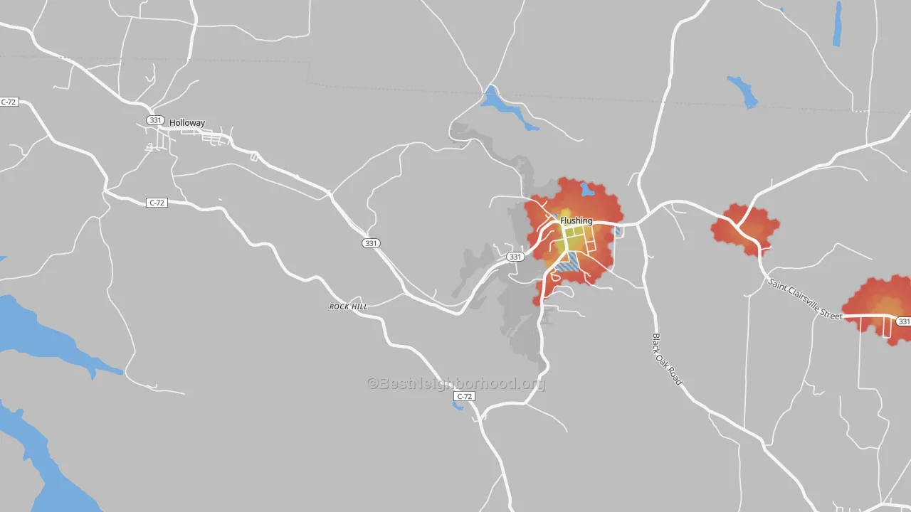 Walk Grade map of Rockhill, OH, walkable areas in green and car-dependent areas in red