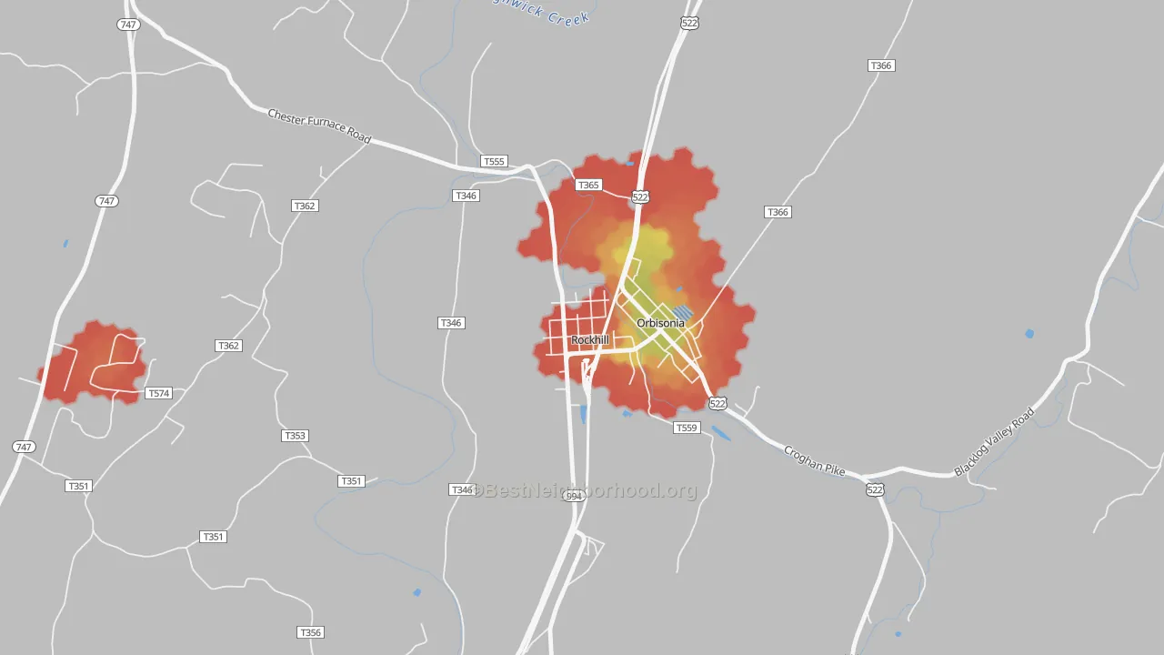 Walk Grade map of Rockhill, PA, walkable areas in green and car-dependent areas in red