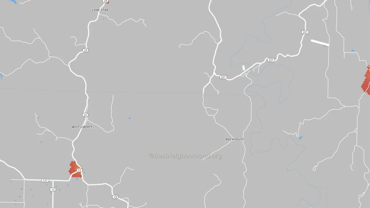 Walk Grade map of Rockhouse, AR, walkable areas in green and car-dependent areas in red