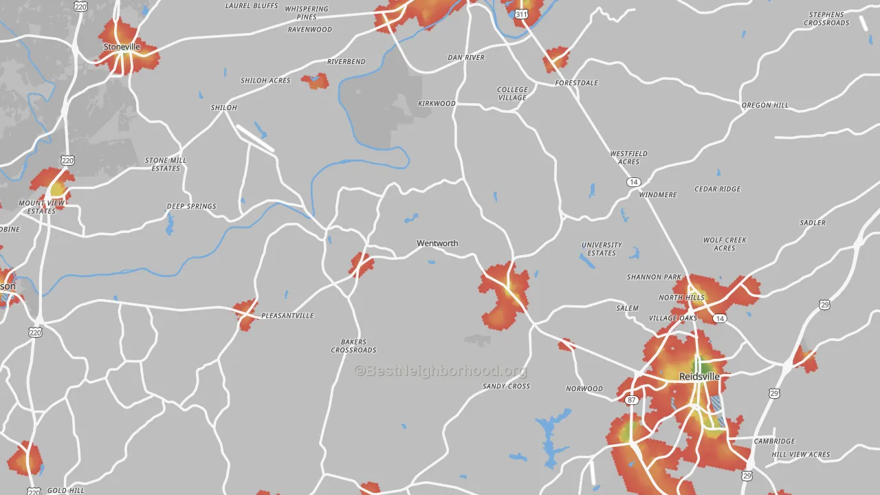 Walk Grade map of Rockingham County, NC, walkable areas in green and car-dependent areas in red