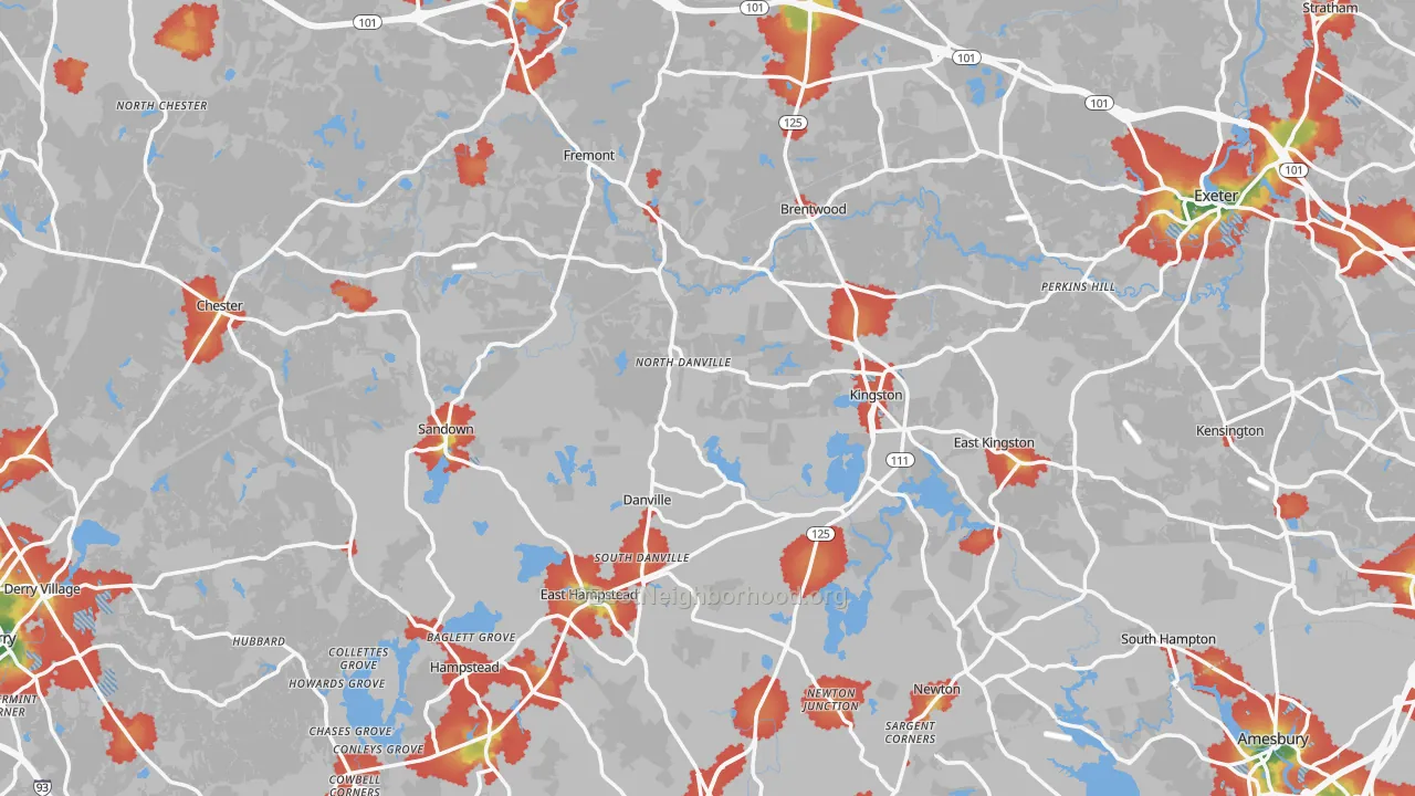 Walk Grade map of Rockingham County, NH, walkable areas in green and car-dependent areas in red