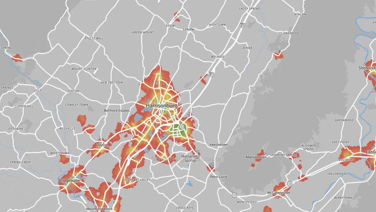 Walk Grade map of Rockingham County, VA, walkable areas in green and car-dependent areas in red