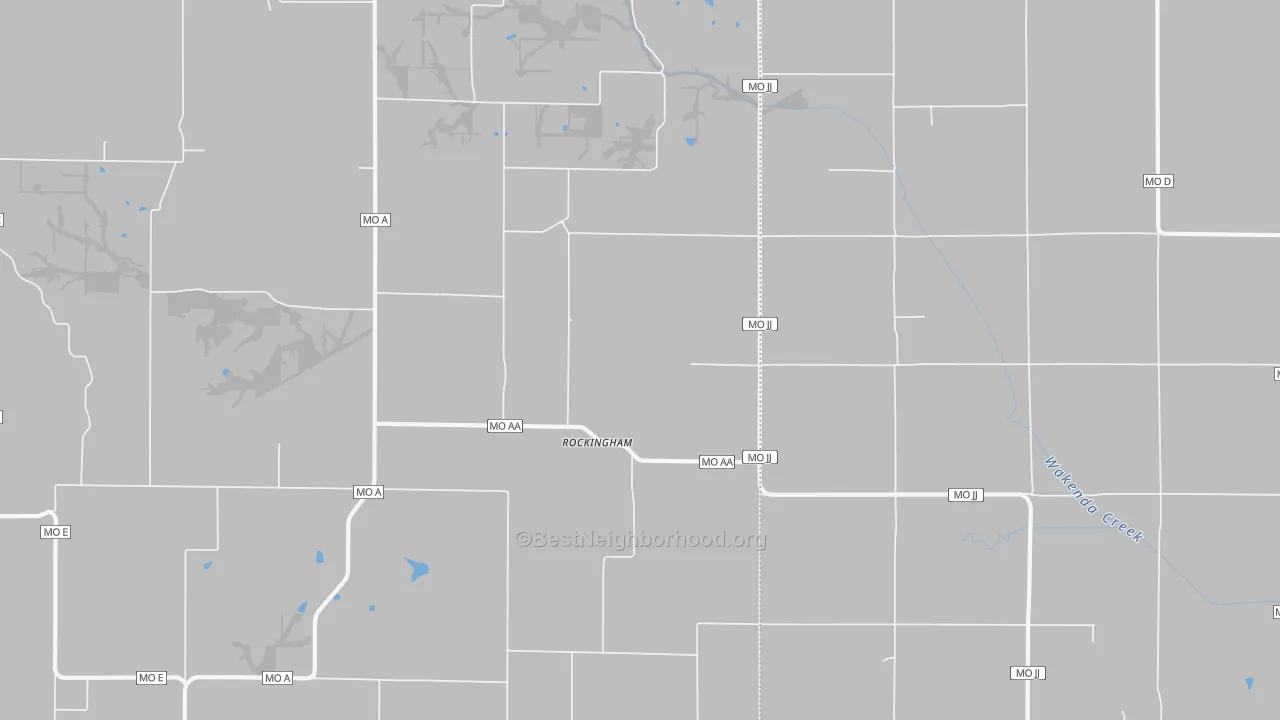 Walk Grade map of Rockingham, MO, walkable areas in green and car-dependent areas in red