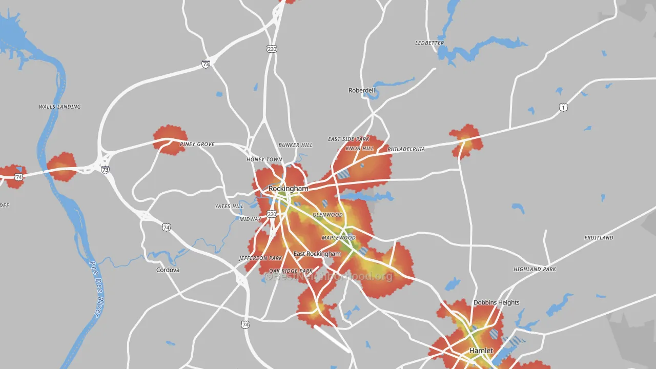 Walk Grade map of Rockingham, NC, walkable areas in green and car-dependent areas in red