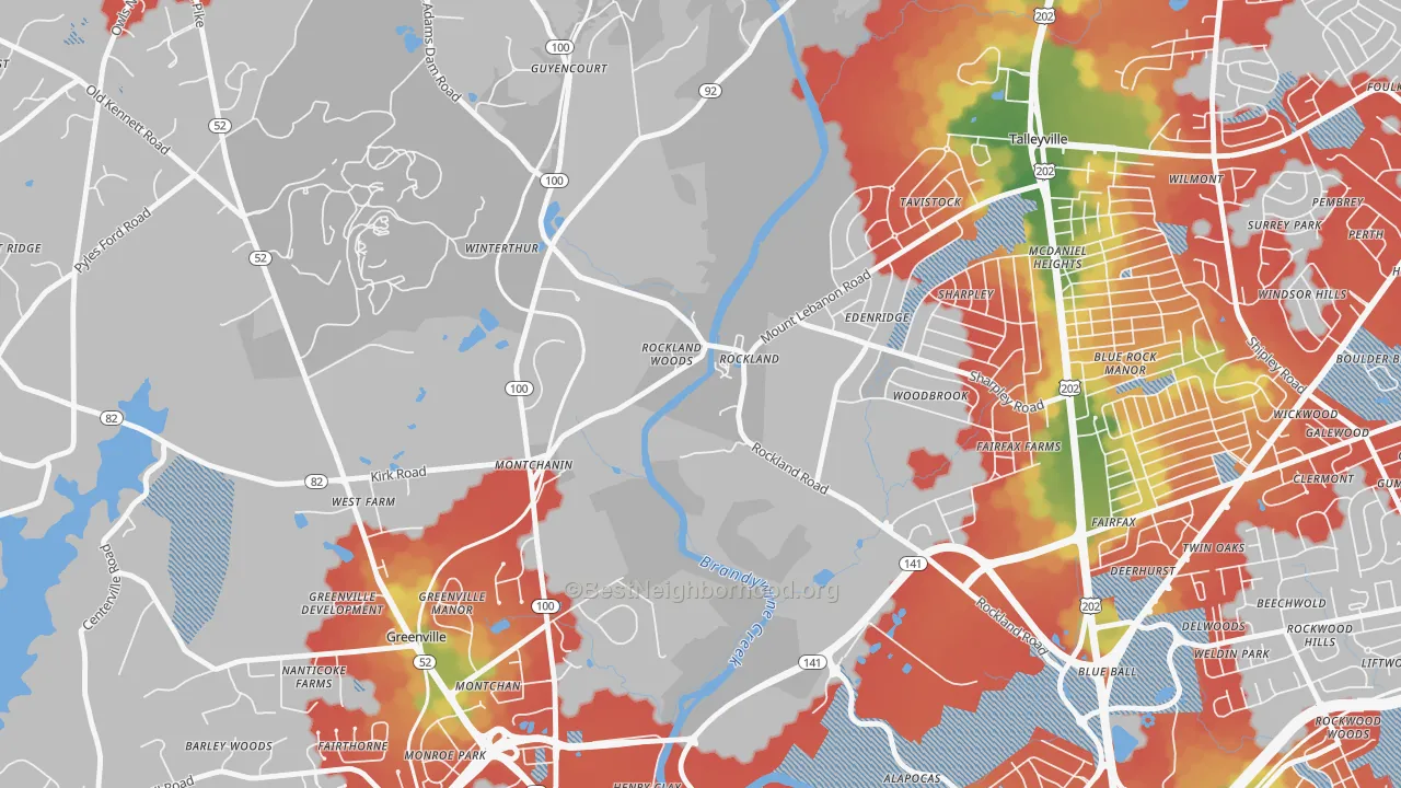 Walk Grade map of Rockland, DE, walkable areas in green and car-dependent areas in red