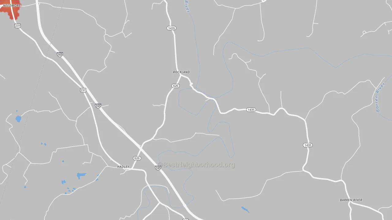 Walk Grade map of Rockland, KY, walkable areas in green and car-dependent areas in red