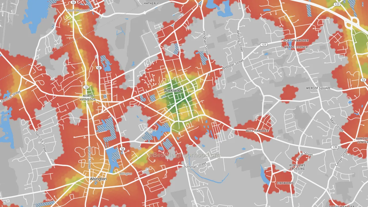 Walk Grade map of Rockland, MA, walkable areas in green and car-dependent areas in red