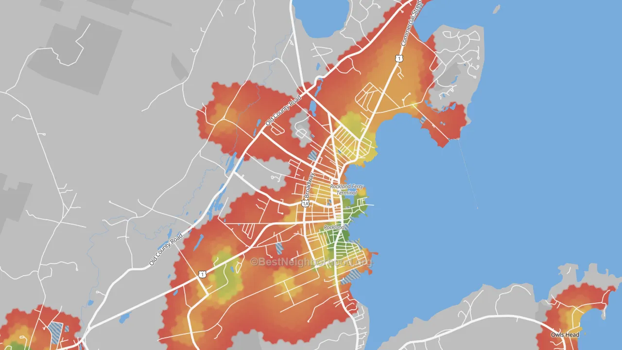 Walk Grade map of Rockland, ME, walkable areas in green and car-dependent areas in red