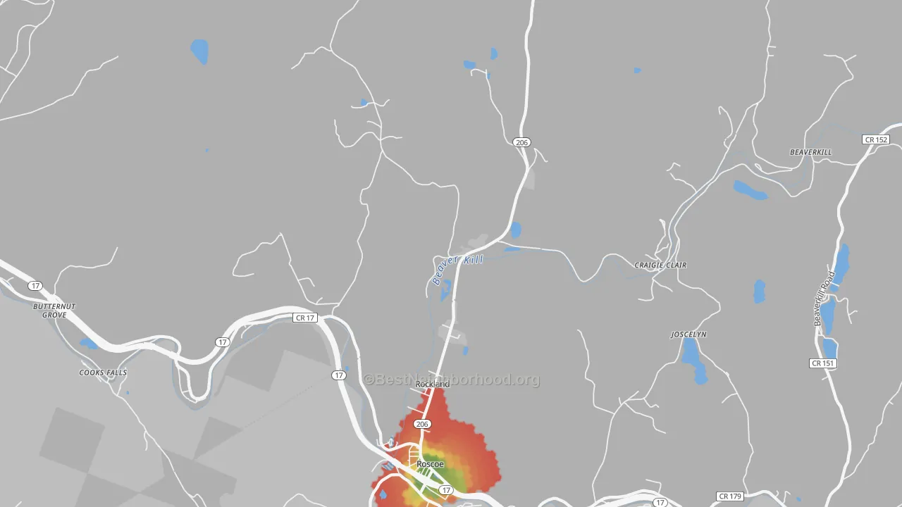 Walk Grade map of Rockland, NY, walkable areas in green and car-dependent areas in red