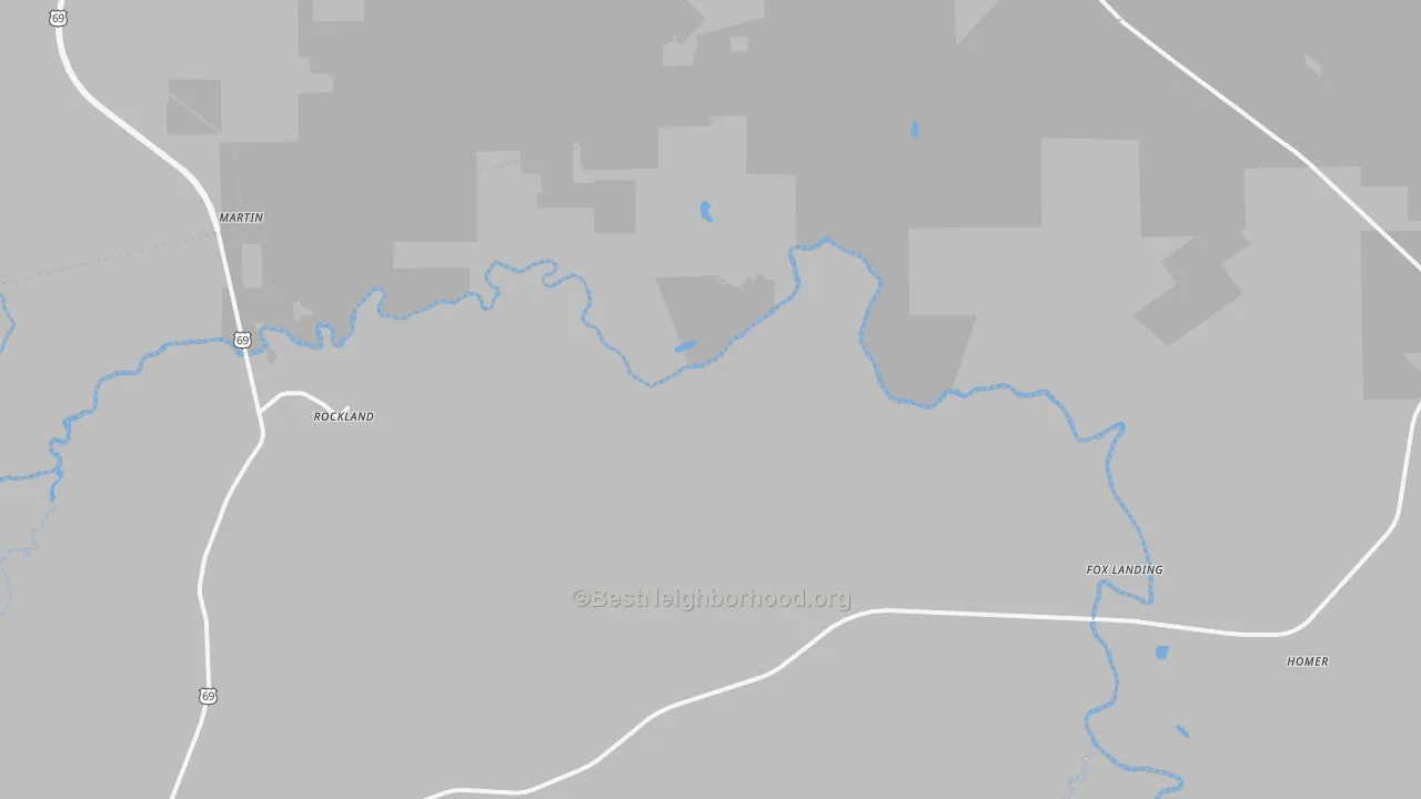 Walk Grade map of Rockland, TX, walkable areas in green and car-dependent areas in red