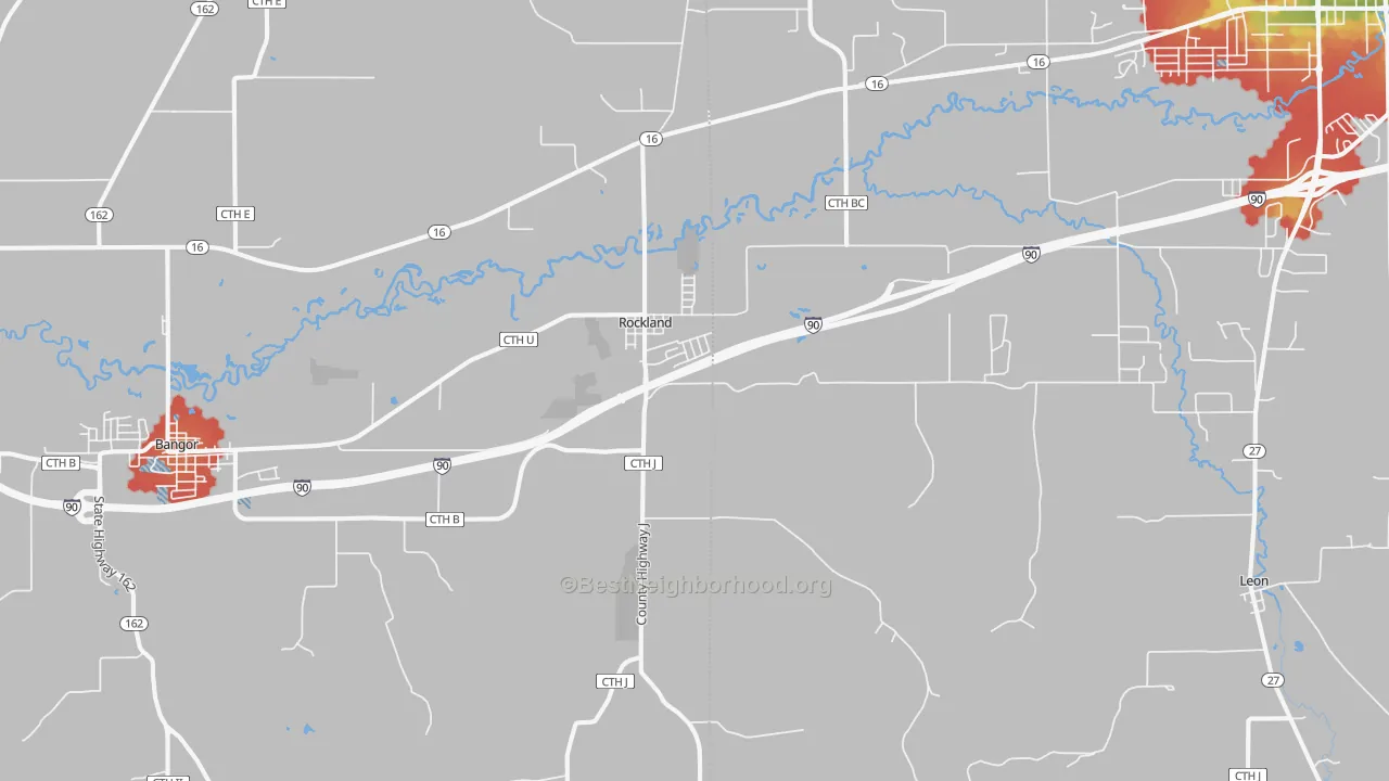 Walk Grade map of Rockland, WI, walkable areas in green and car-dependent areas in red