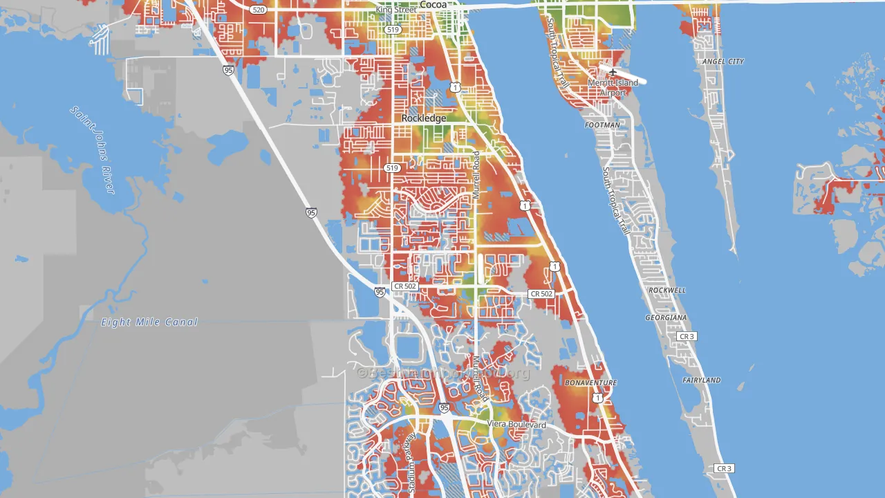 Walk Grade map of Rockledge, FL, walkable areas in green and car-dependent areas in red