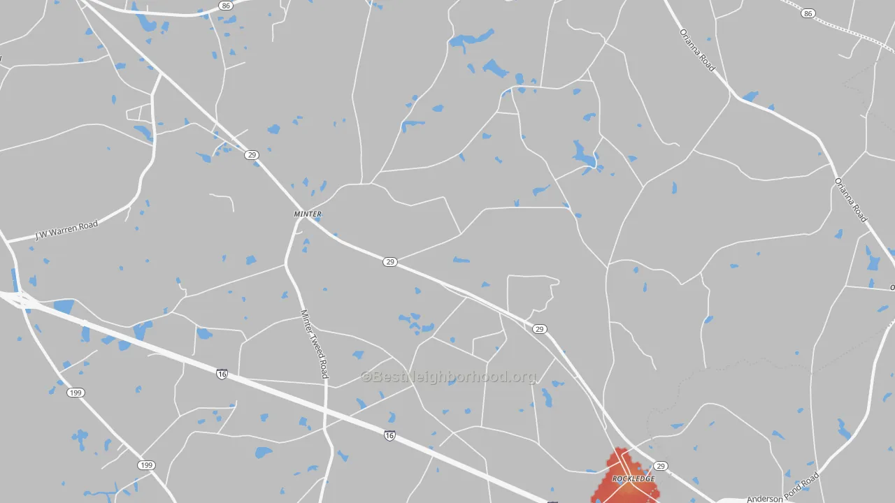 Walk Grade map of Rockledge, GA, walkable areas in green and car-dependent areas in red