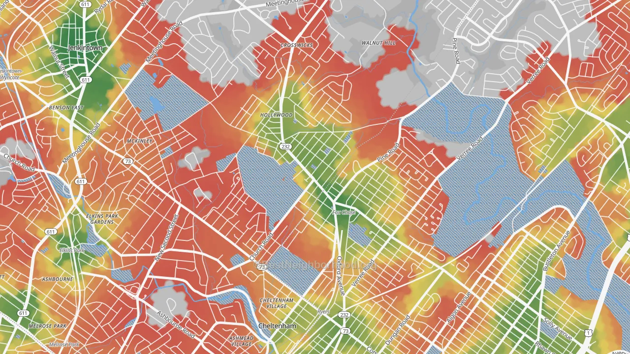 Walk Grade map of Rockledge, PA, walkable areas in green and car-dependent areas in red