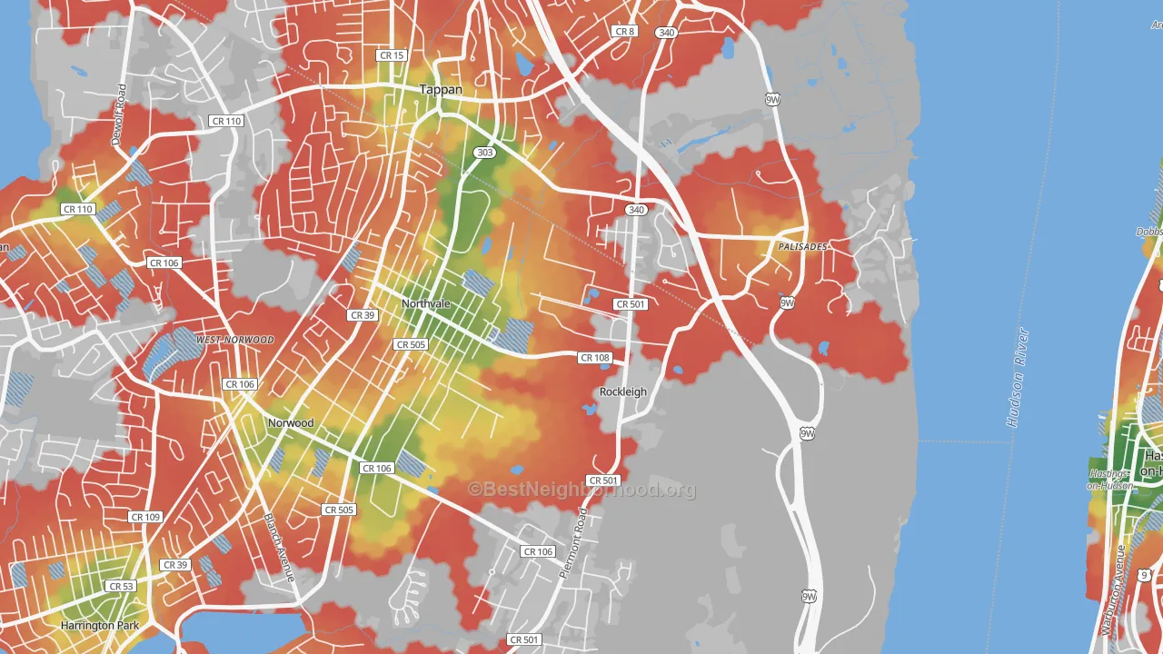 Walk Grade map of Rockleigh, NJ, walkable areas in green and car-dependent areas in red