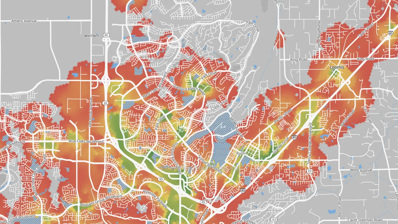 Walk Grade map of Rocklin, CA, walkable areas in green and car-dependent areas in red