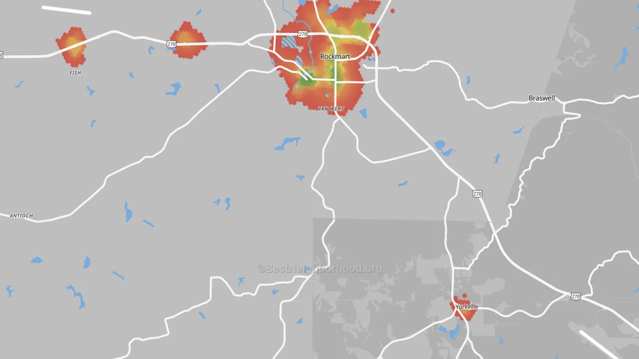 Walk Grade map of Rockmart, GA, walkable areas in green and car-dependent areas in red